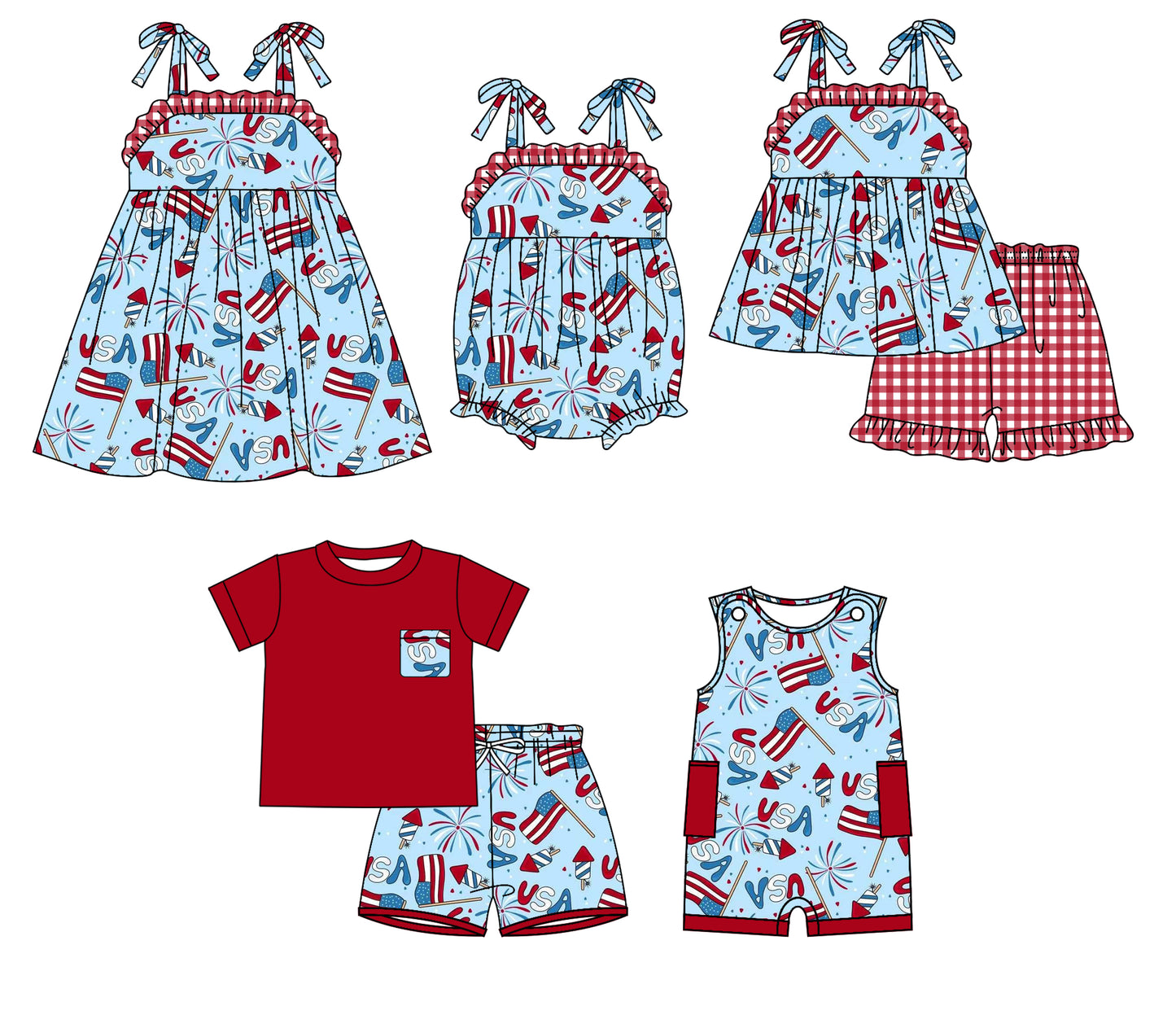 26.1.1 Custom MOQ:3 or 5 pcs each design milk silk Sibling baby girl boys clothes USA short sleeve shorts sets 2 and dress and romper 2