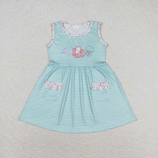 GSD0963 Embroidered octopus jellyfish striped turquoise sleeveless dress