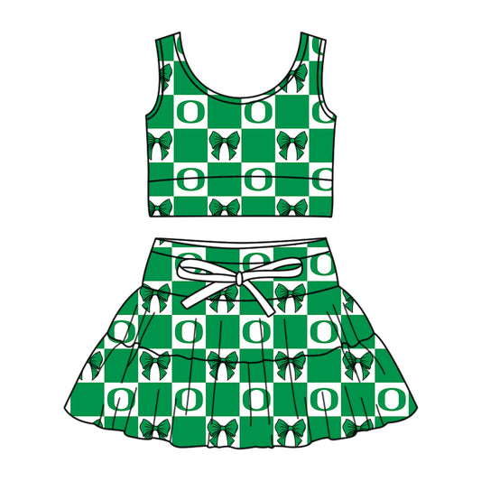 Custom MOQ 3 or 5 pcs Team Design Girl Summer Green Bows Plaid Vests Top Skirt Short Team Clothes Sets