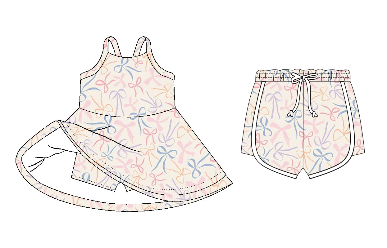 26.1.6 Custom MOQ:3 or 5 pcs each design milk silk Sibling baby girl clothes bow short sleeve dress and shorts