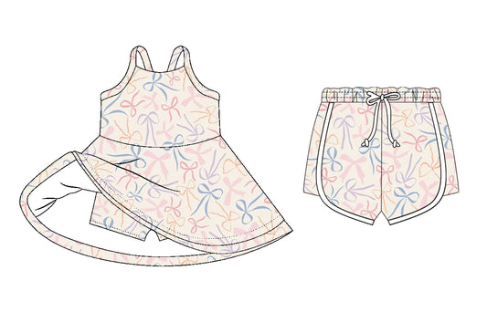26.1.6 Custom MOQ:3 or 5 pcs each design milk silk Sibling baby girl clothes bow short sleeve dress and shorts