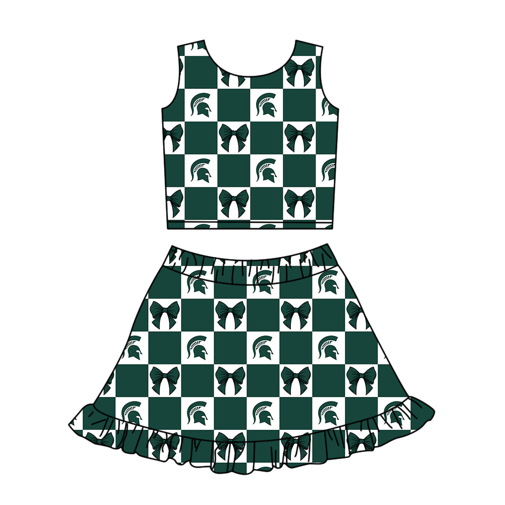 Custom Milk Silk Order MOQ:3 or 5 pcs Each Design Team State Girl Summer Bow Dark Green Sleeveless Skirts Sets 3 and dress and shorts-26.1.21