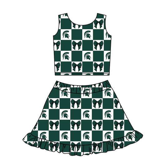 Custom Milk Silk Order MOQ:3 or 5 pcs Each Design Team State Girl Summer Bow Dark Green Sleeveless Skirts Sets-26.1.21