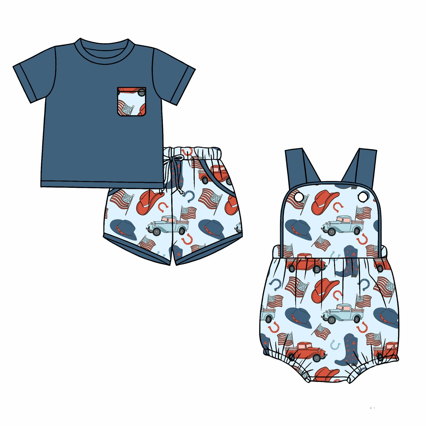 26.1.2 Custom MOQ:3 or 5 pcs each design milk silk Sibling baby boy clothes boot hat flag short sleeve shorts sets and romper