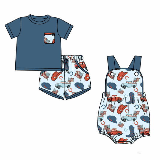 26.1.2 Custom MOQ:3 or 5 pcs each design milk silk Sibling baby boy clothes boot hat flag short sleeve shorts sets and romper