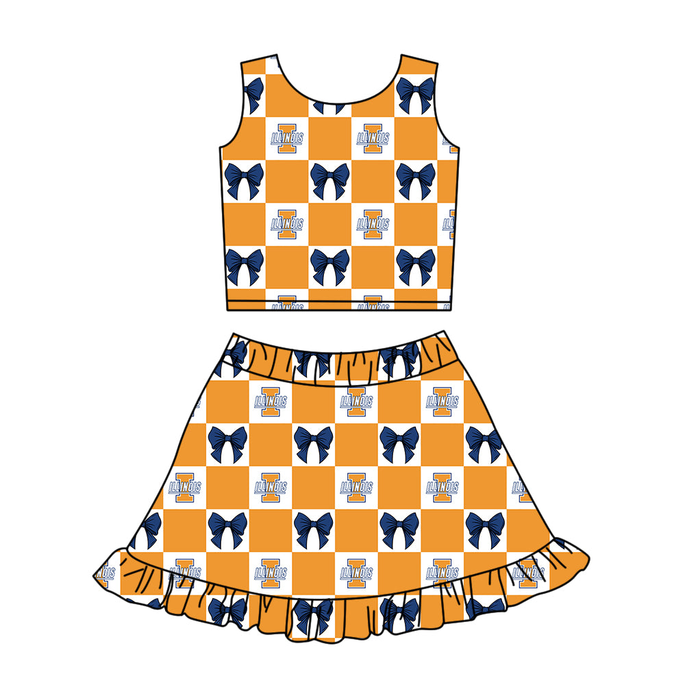 Custom Milk Silk Order MOQ:3 or 5 pcs Each Design Team State Girl Summer Bow Orange Sleeveless Skirts Sets 3 and dress and shorts-26.1.20
