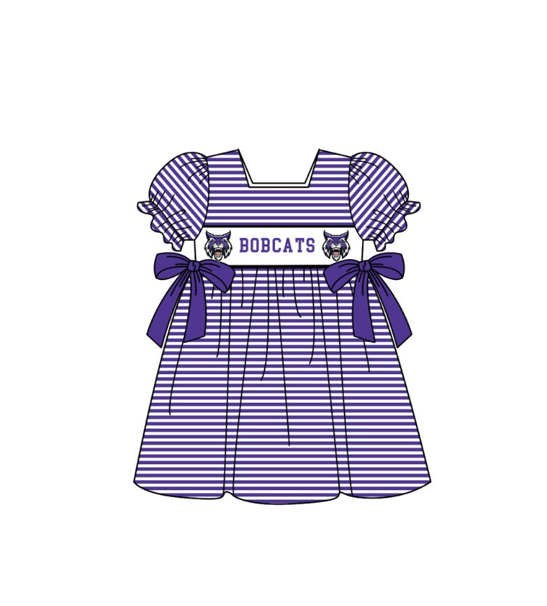 1.31 Custom Order Moq 3 Baby Girl Bobcats Team Bows Stripe Ruffle Knee Length Dresses