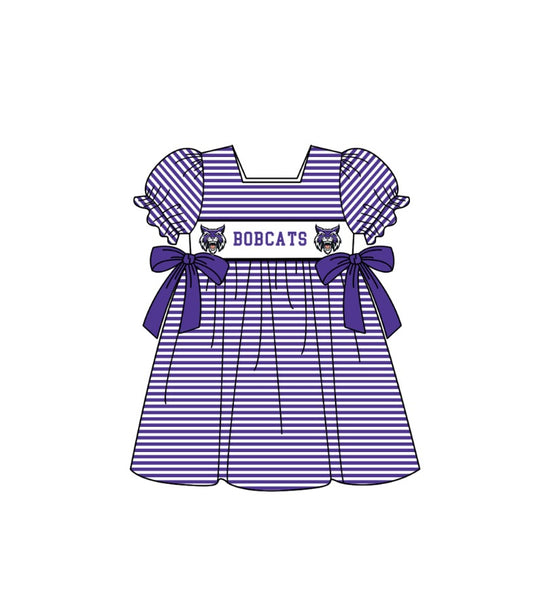 1.31 Custom Order Moq 3 Baby Girl Bobcats Team Bows Stripe Ruffle Knee Length Dresses