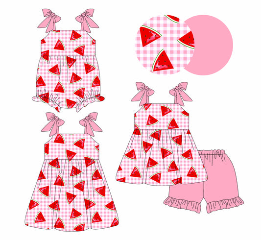 26.1.9 Custom MOQ:3 or 5 pcs each design milk silk Sibling baby girl clothes watermelon short sleeve shorts sets and dress and romper