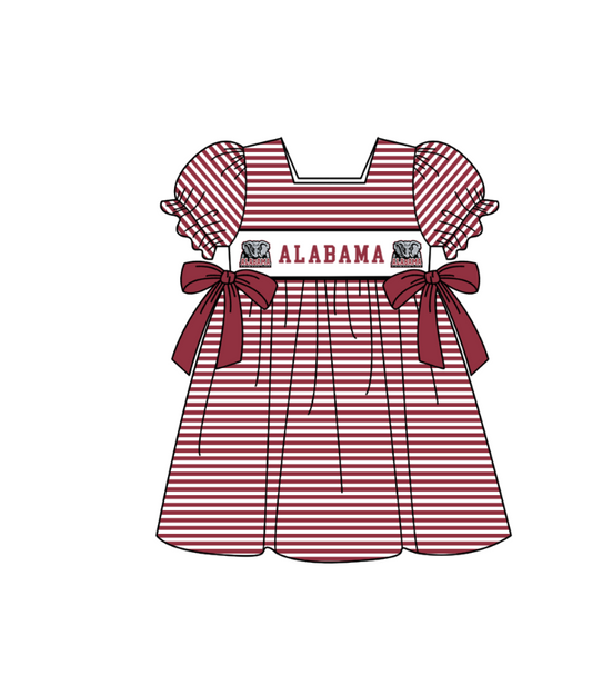 1.29 Custom Order Moq 3 Baby Girl Alabama Team Bows Stripe Ruffle Knee Length Dresses