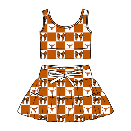 Custom MOQ 3 or 5 pcs Team Design Girl Summer Bull Skulls Bows Plaid Vests Top Skirt Short Team Clothes Sets
