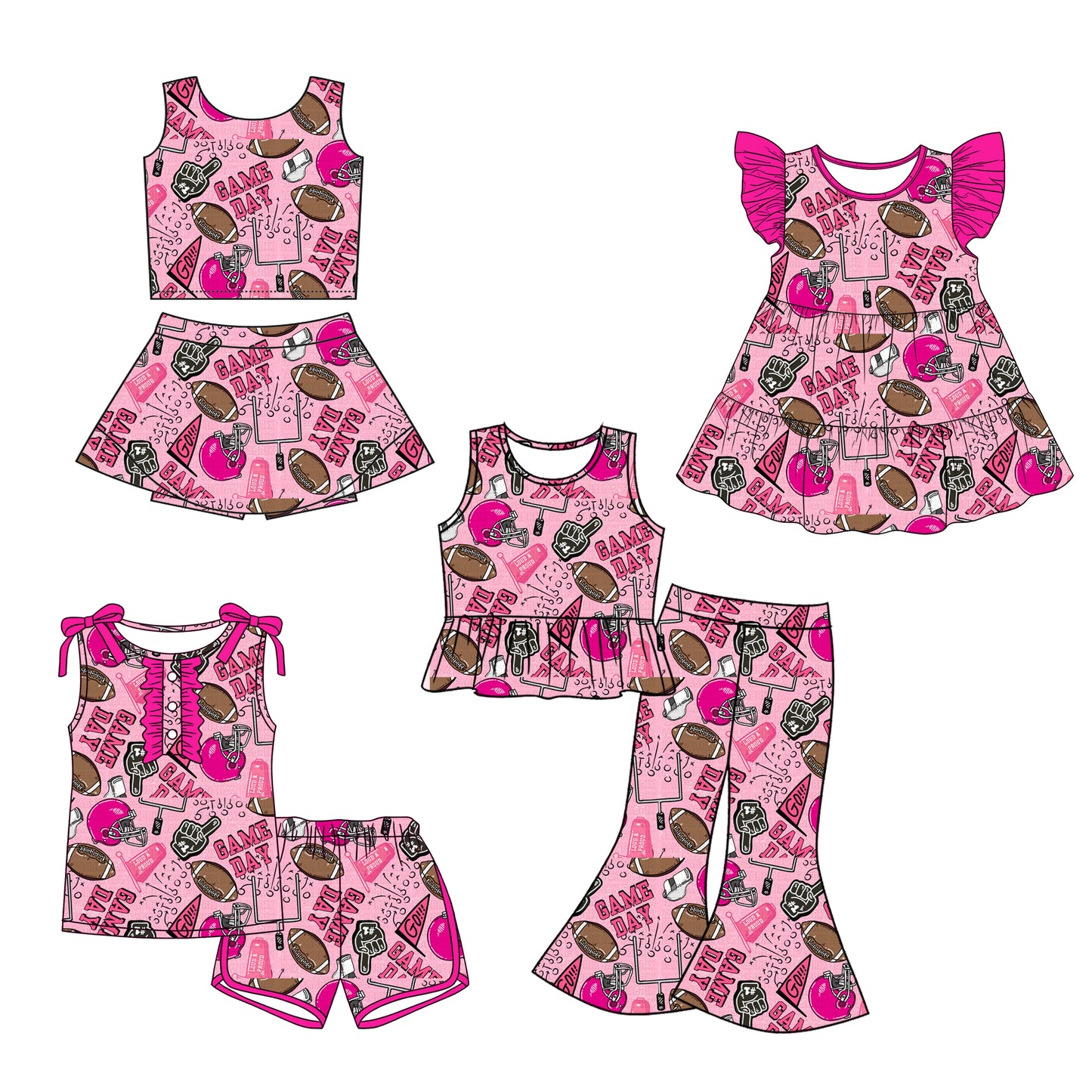 26.1.12 Custom MOQ:3 or 5 pcs each design milk silk Sibling baby girl clothes GAME DAY short sleeve shorts sets and skirts sets and pants set and dress