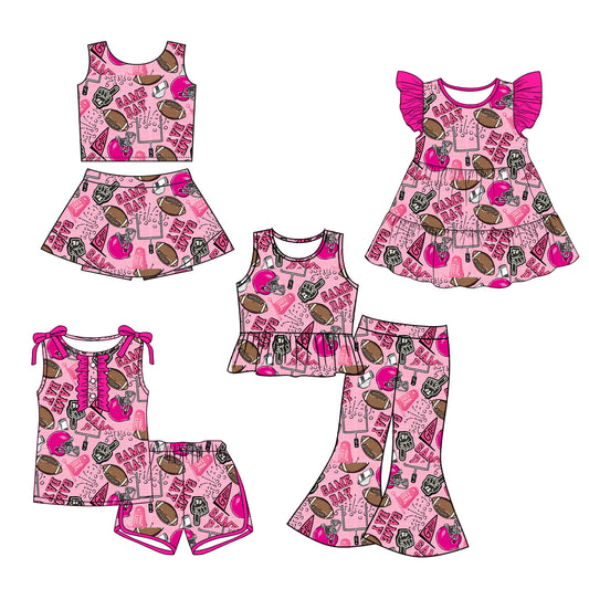 26.1.12 Custom MOQ:3 or 5 pcs each design milk silk Sibling baby girl clothes GAME DAY short sleeve shorts sets and skirts sets and pants set and dress