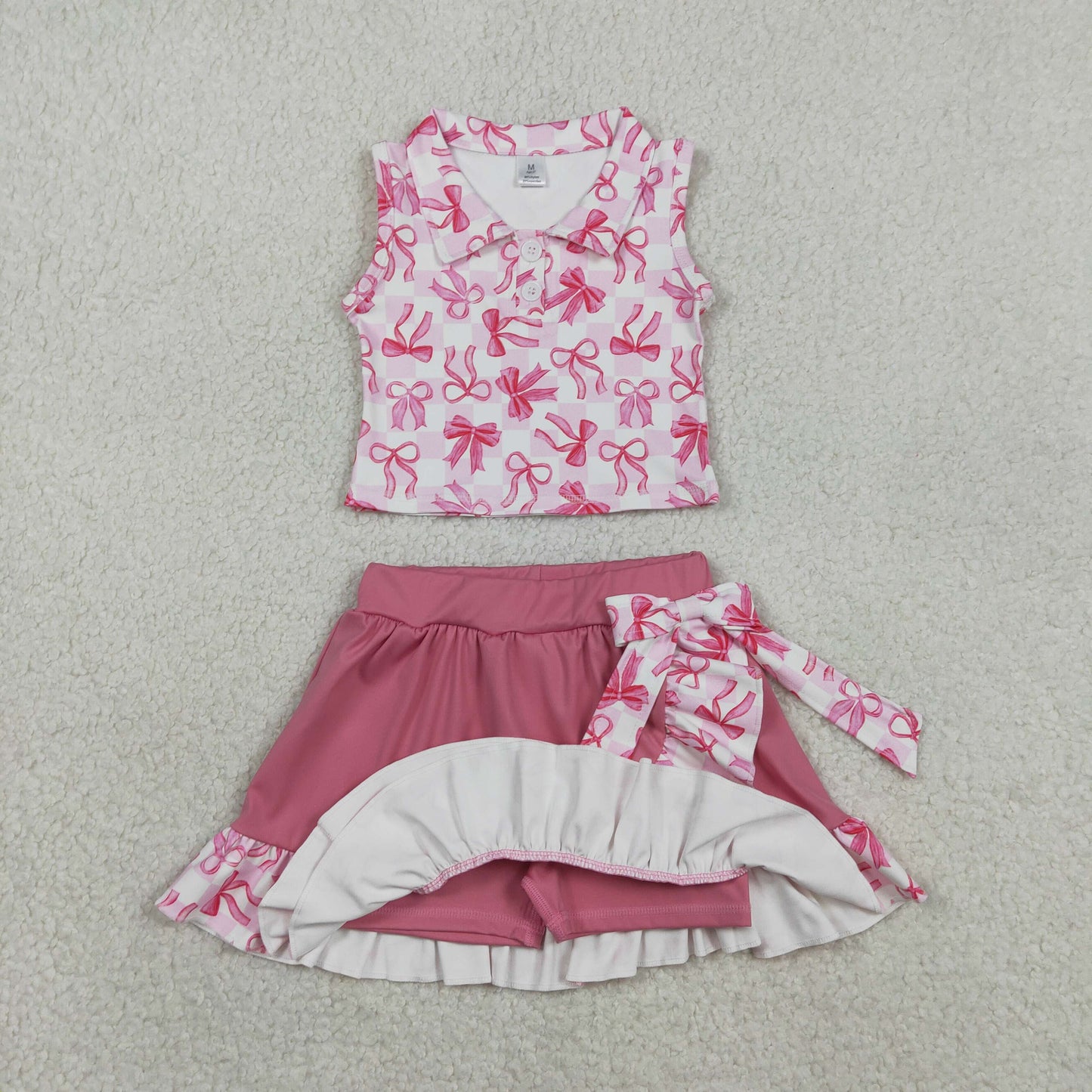 RTS NO MOQ（In Stock) GSD3480 Bow Pattern Pink Plaid Button-Down Neckline Sleeveless Lace Bow Skirt Yoga Set