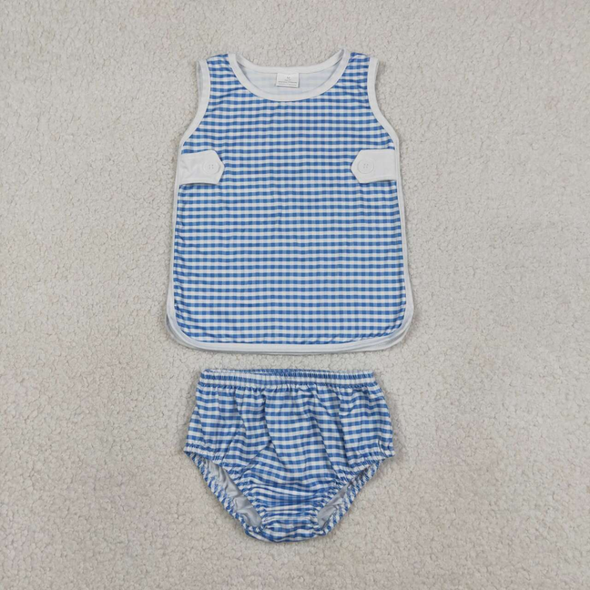 GBO0531 Kids Baby Kids Blue Checked Top Bummies Clothes Sets