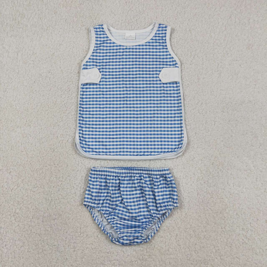 GBO0531 Kids Baby Kids Blue Checked Top Bummies Clothes Sets