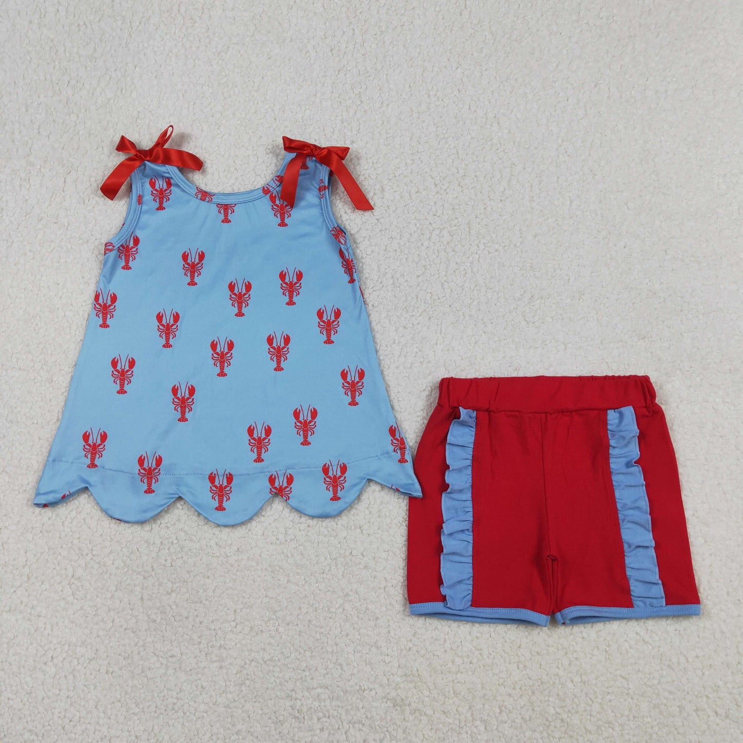 GSSO3050 Kids Baby Girls Sleeveless Crayfishes Scallop Tunic Ruffle Shorts Clothes Sets