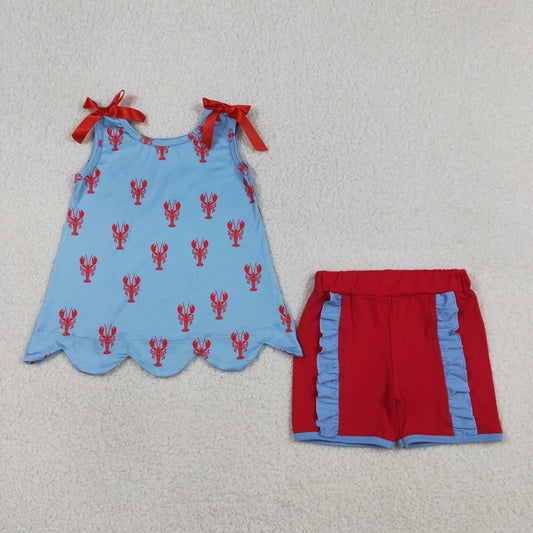 GSSO3050 Kids Baby Girls Sleeveless Crayfishes Scallop Tunic Ruffle Shorts Clothes Sets