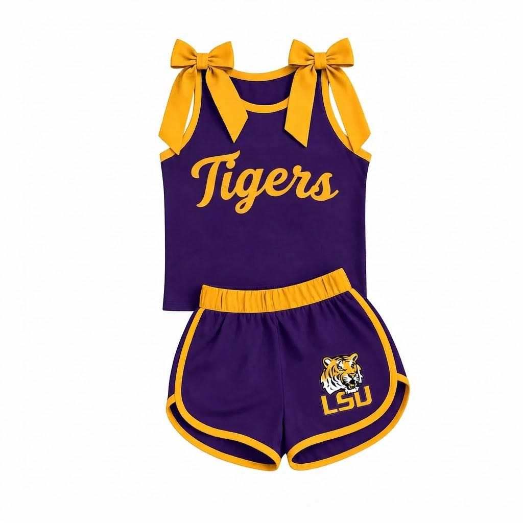 Custom Order Baby Girls Tigers Bows Sleeveless Top Shorts Team Clothes Sets