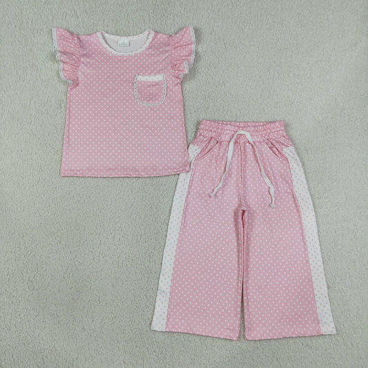 GSPO2330 Kids Clothing Baby Girls Flutter Sleeve Pink Polka Dots Pocket Top Flare Pant Clothes Sets