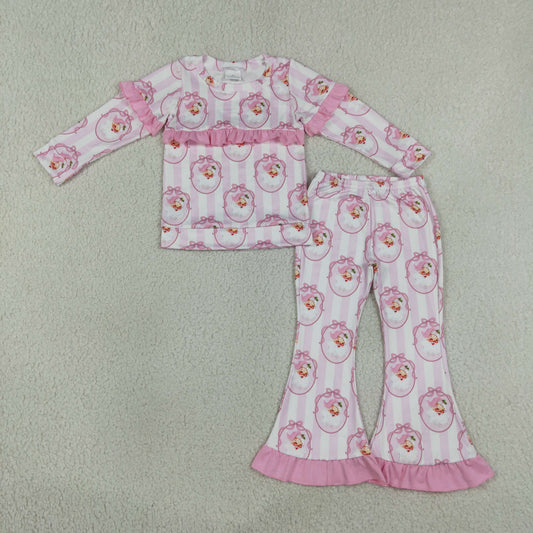 GLP3450 Kids Clothing Baby Girls Pink Bows Santa Stripe Top Bell Bottom Pant Christmas Clothes Sets