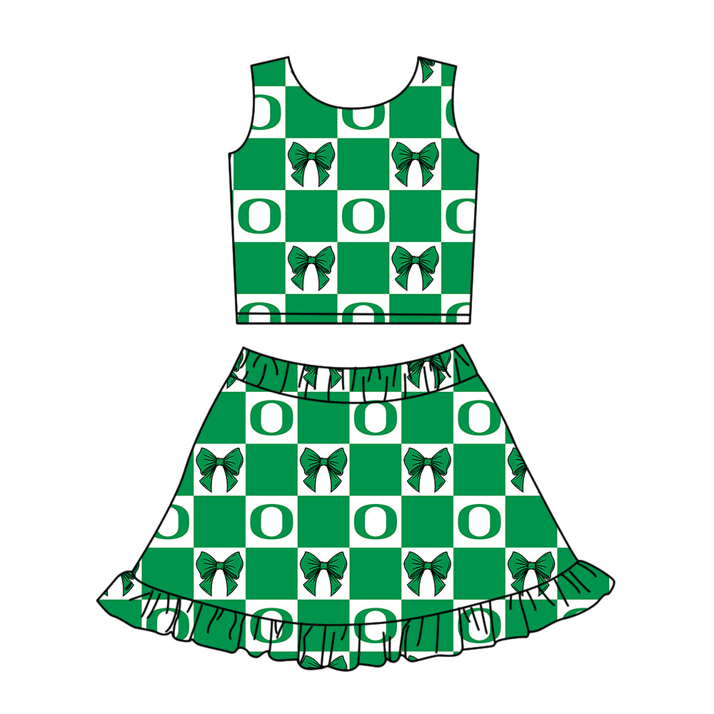 Custom MOQ 3 or 5 pcs Team Design Girl Summer Green Bows Plaid Top Ruffle Skirt Short Team Clothes Sets