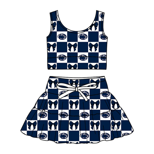 Custom Milk Silk Order MOQ:3 or 5 pcs Each Design Team State Girl Summer Bow Dark Blue Sleeveless Skirts Sets-26.1.23
