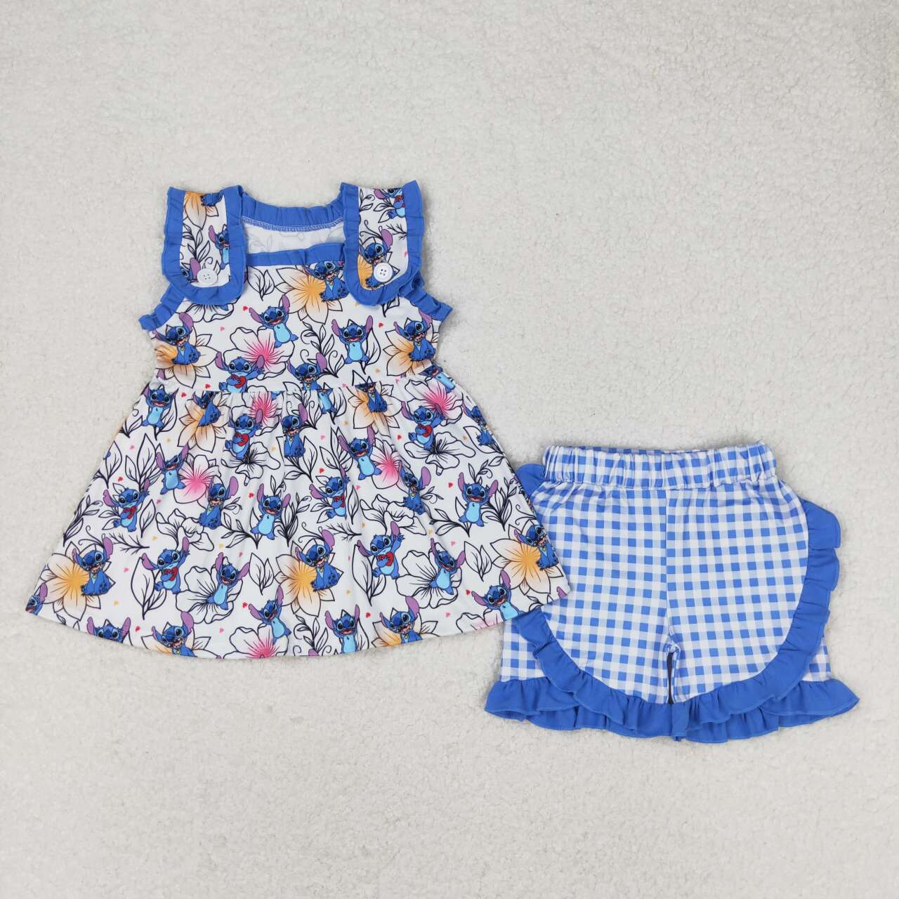 GSSO1040 Floral cartoon blue lace sleeveless plaid shorts set