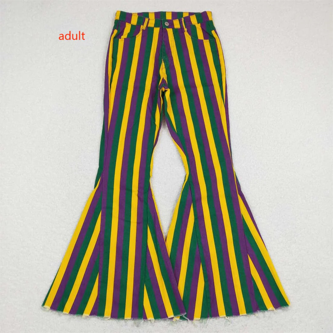 P0328 Mardi Gras Adult Purple Green Gold Striped Denim Trousers