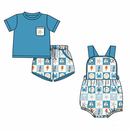 26.1.2 Custom MOQ:3 or 5 pcs each design milk silk Sibling baby boy clothes short sleeve shorts sets and romper