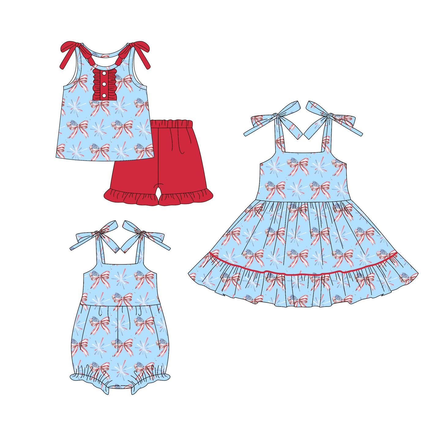 26.1.1 Custom MOQ:3 or 5 pcs each design milk silk Sibling baby girl clothes flag bow short sleeve shorts sets and dress and romper