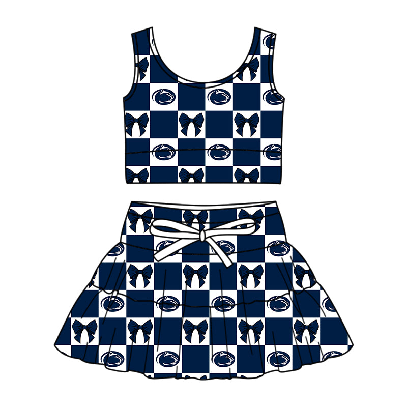 Custom Milk Silk Order MOQ:3 or 5 pcs Each Design Team State Girl Summer Bow Dark Blue Sleeveless Skirts Sets 3 and dress and shorts-26.1.23