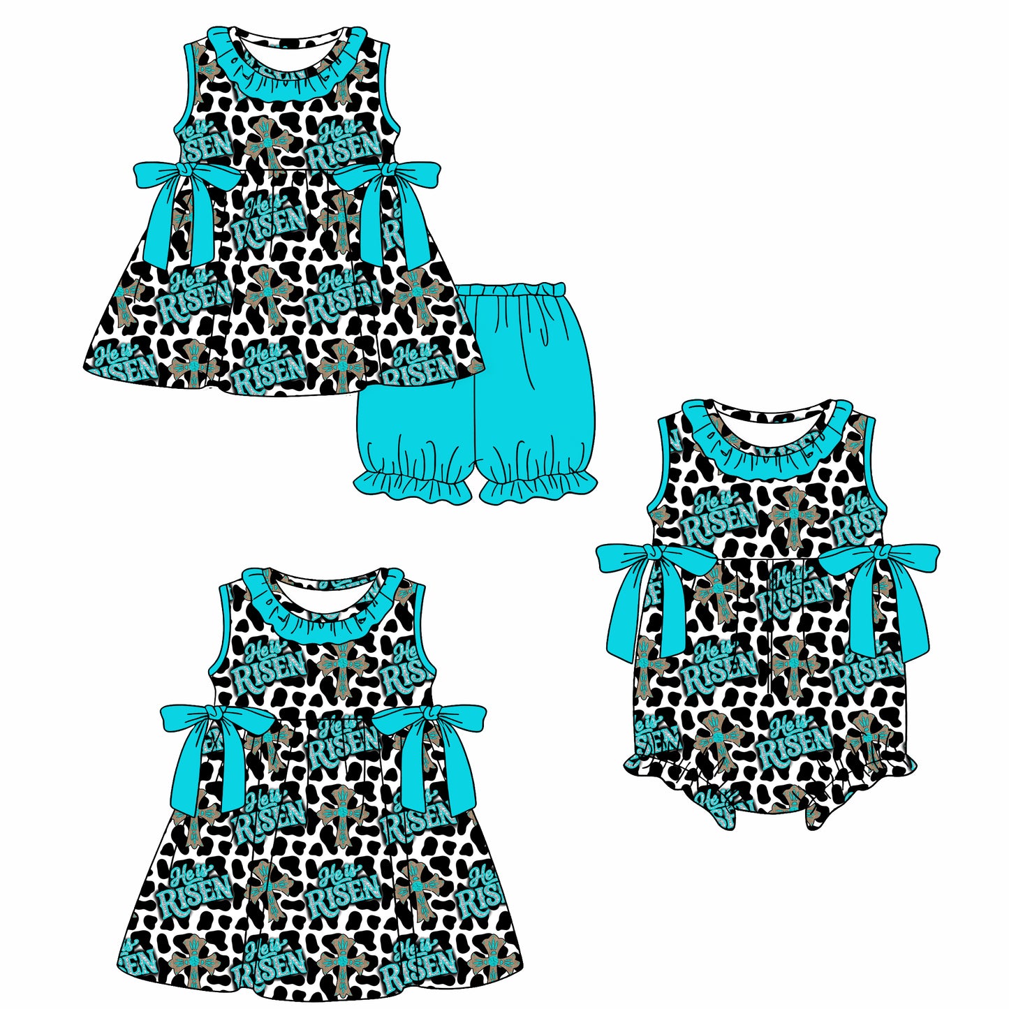 26.1.15 Custom MOQ:3 or 5 pcs each design milk silk Sibling baby girl clothes easter short sleeve shorts sets and dress and romper