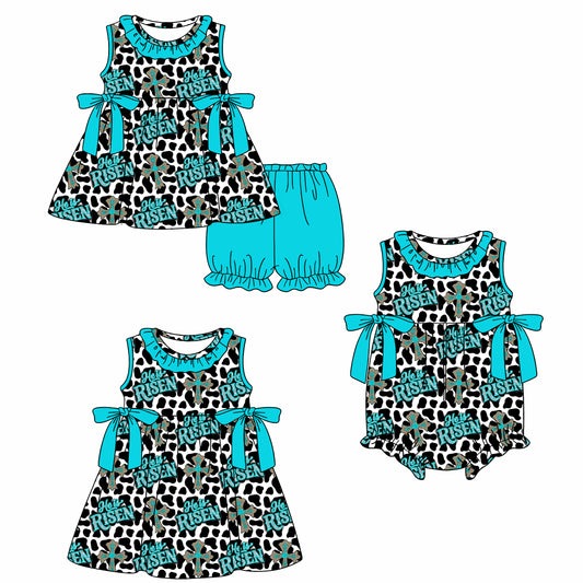 26.1.15 Custom MOQ:3 or 5 pcs each design milk silk Sibling baby girl clothes easter short sleeve shorts sets and dress and romper