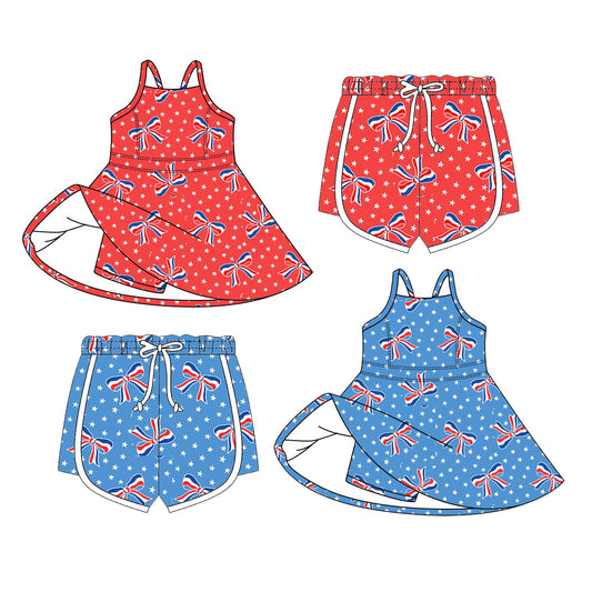 26.1.10 Custom MOQ:3 or 5 pcs each design milk silk Sibling baby girl clothes bow short sleeve dress 2 and shorts 2