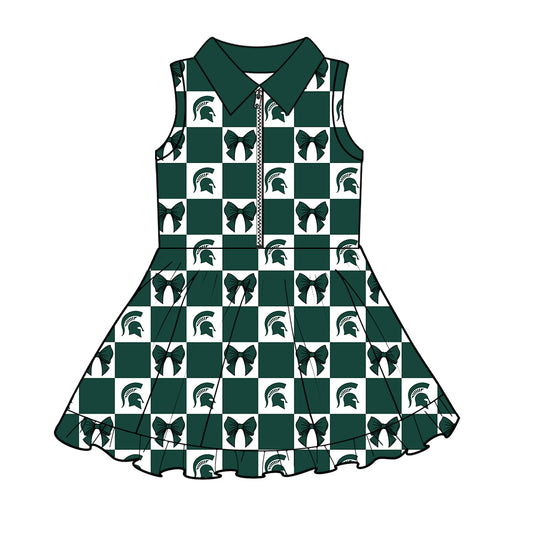 Custom Milk Silk Order MOQ:3 or 5 pcs Each Design Team State Girl Summer Bow Dark Green Sleeveless Dress-26.1.21