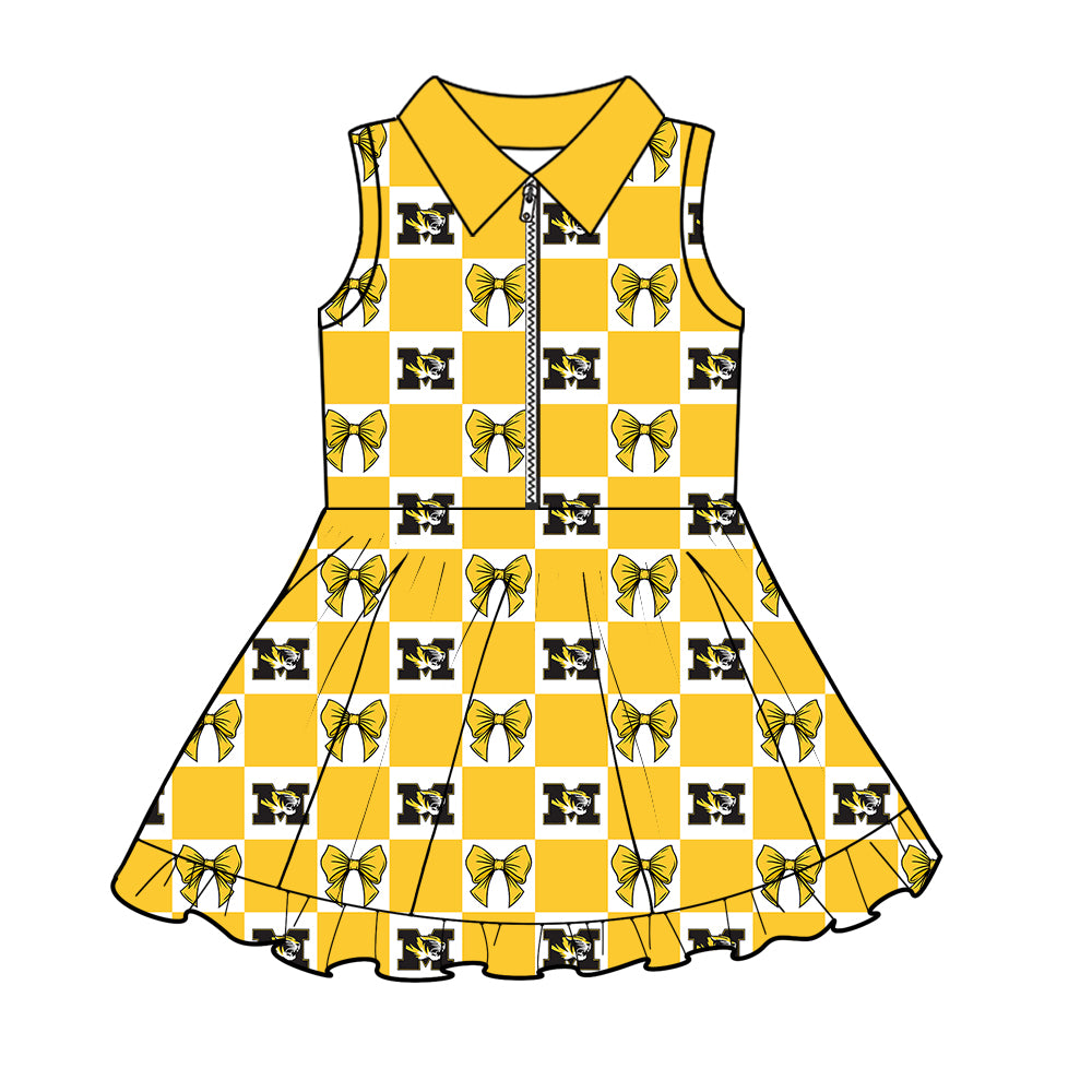 Custom Milk Silk Order MOQ:3 or 5 pcs Each Design Team State Girl Summer Bow Yellow Sleeveless Dress-26.1.19