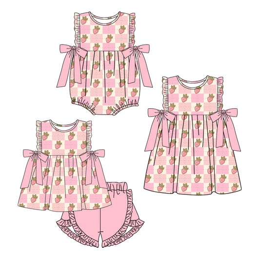 26.1.3 Custom MOQ:3 or 5 pcs each design milk silk Sibling baby girl clothes strawberry short sleeve shorts sets and dress and romper