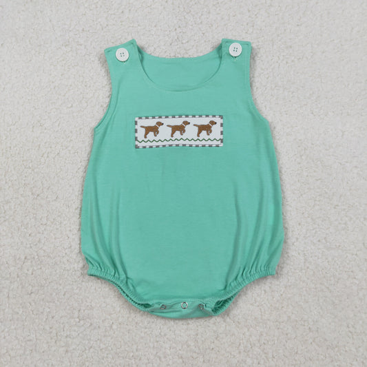 RTS NO MOQ（In Stock) SR3559 Embroidered Puppy Blue-Green Vest Onesie