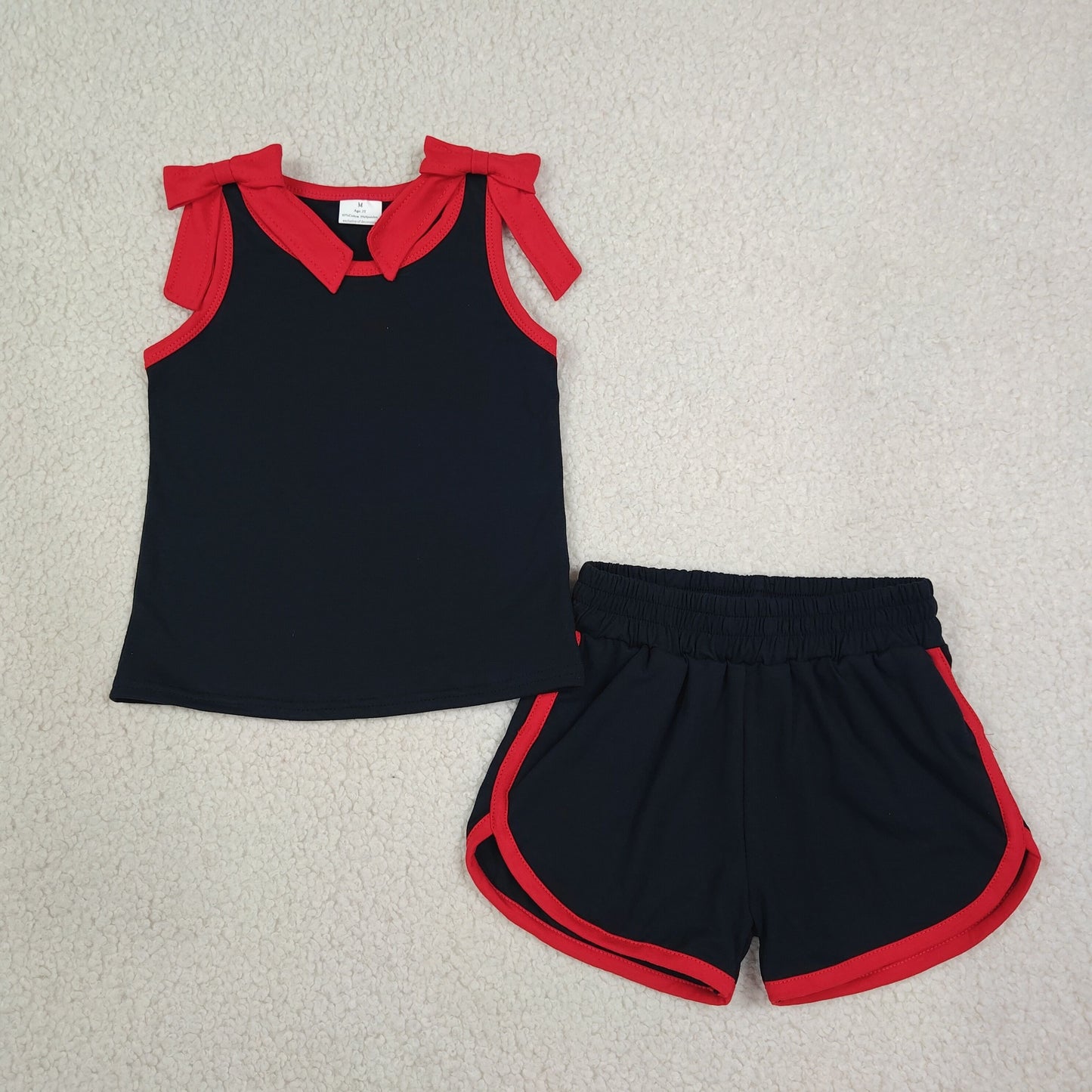 GSSO3827 Kids Clothing Baby Girl Black Red Bows Sleeveless Top Short Clothes Sets
