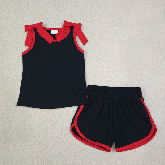 GSSO3827 Kids Clothing Baby Girl Black Red Bows Sleeveless Top Short Clothes Sets