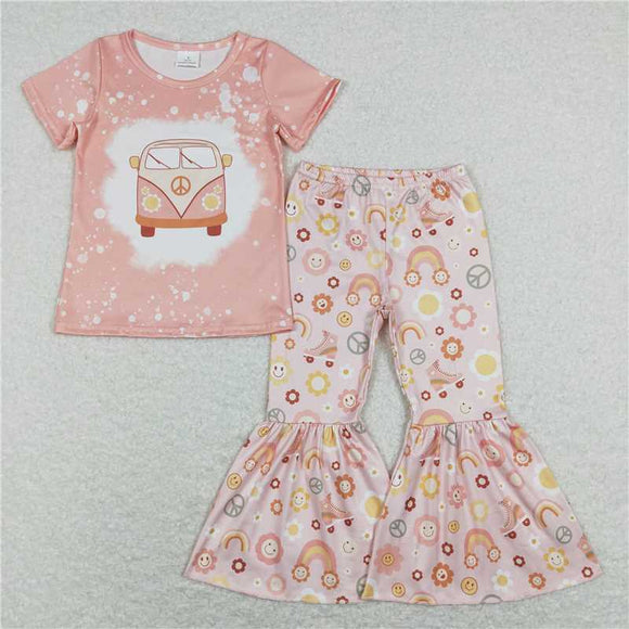 GSPO1243Bus Rainbow Flowers Sun pink short sleeve pants suit