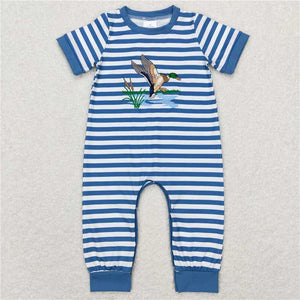 SR0554 Embroidered duck reed striped short-sleeved jumpsuit with blue trim short-sleeved onesie