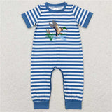 SR0554 Embroidered duck reed striped short-sleeved jumpsuit with blue trim short-sleeved onesie