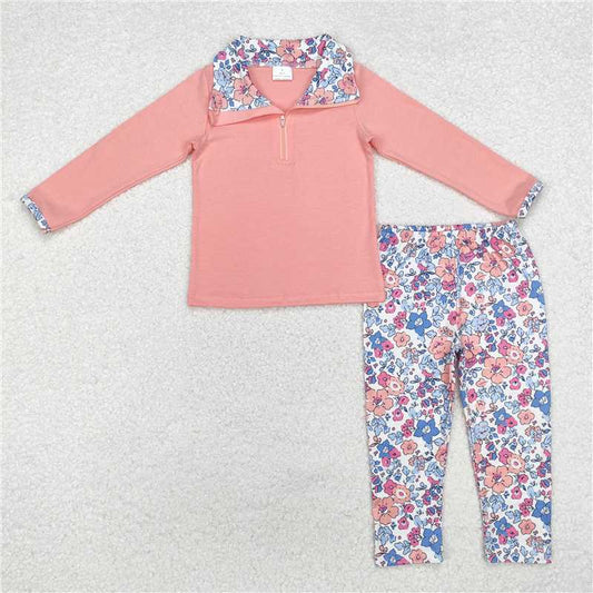 GLP1750 Baby Girls Pink Floral Zip Top Pants Pajamas Clothes Set