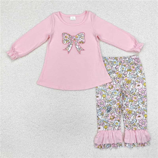 GLP1836 Baby Girls Embroidery Pink Flowers Bow Tunic Ruffle Pants Outfits Clothes Set