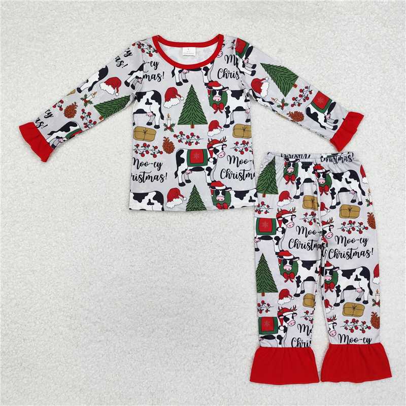 GLP1243 Baby Girls Christmas Cows Tops Pants Pajamas Clothes Set