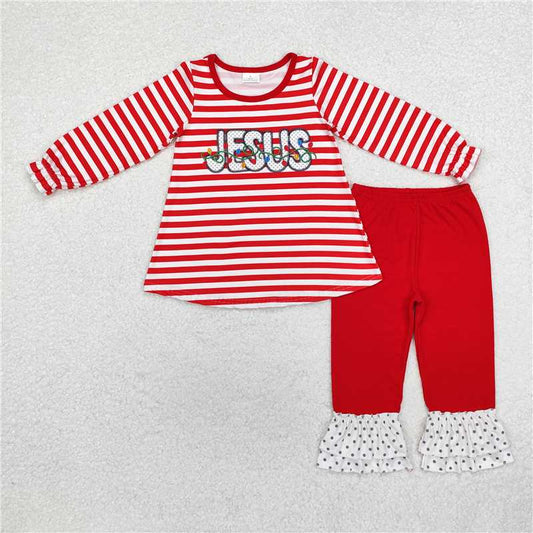 GLP1392 Baby Girls Christmas Stripes Jesus Tunic Top Ruffle Pants Clothes Set