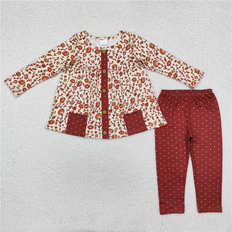 GLP1894 Baby Girls Fall Brown Flowers Tunic Legging Clothes Set