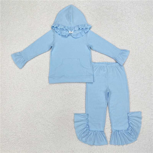 GLP2058 Baby Girls Light Blue Hooded Ruffle Top Bell Pants Clothes Set